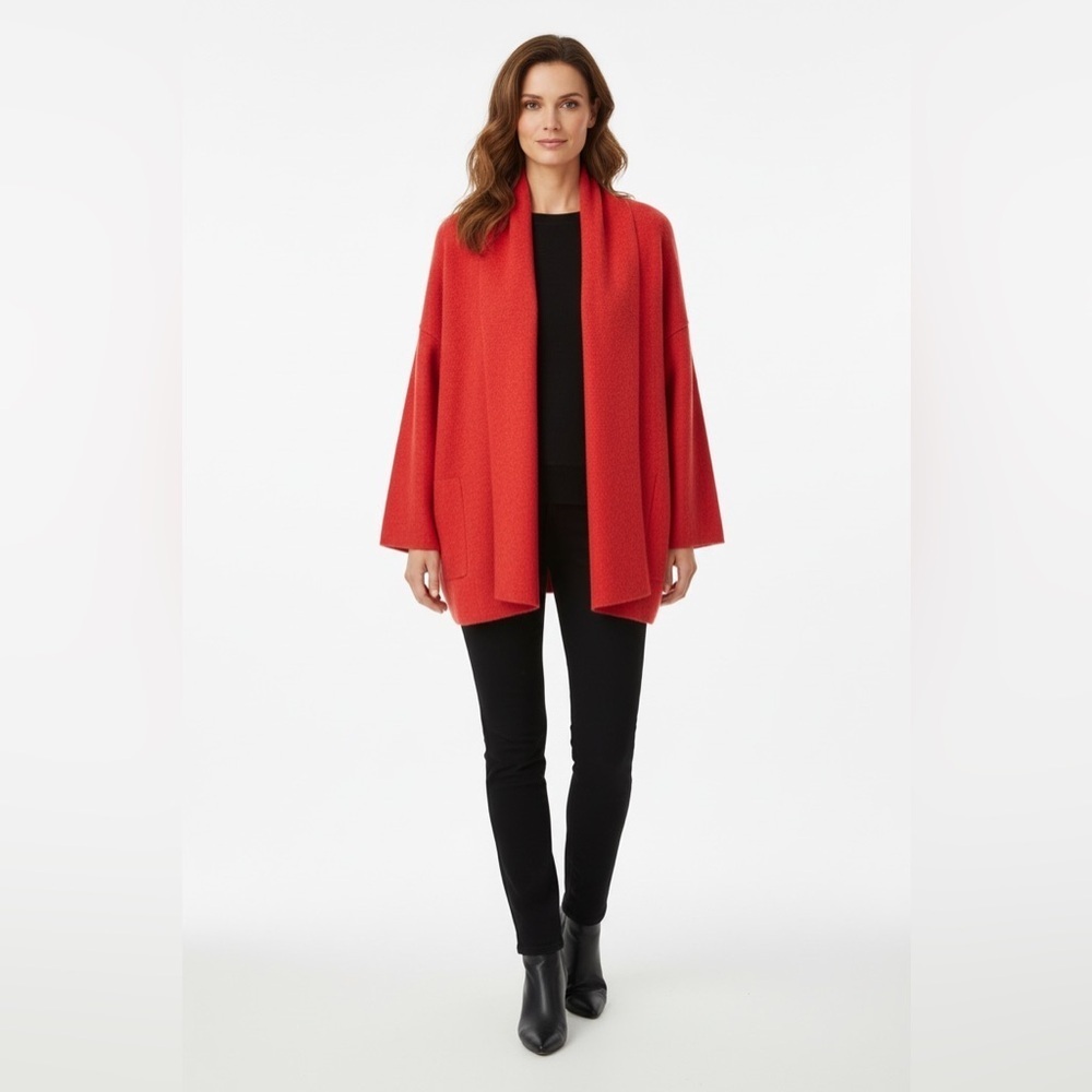 Eileen Fisher Red Merino Wool Open Front Cardigan Jacket XL Oversized
